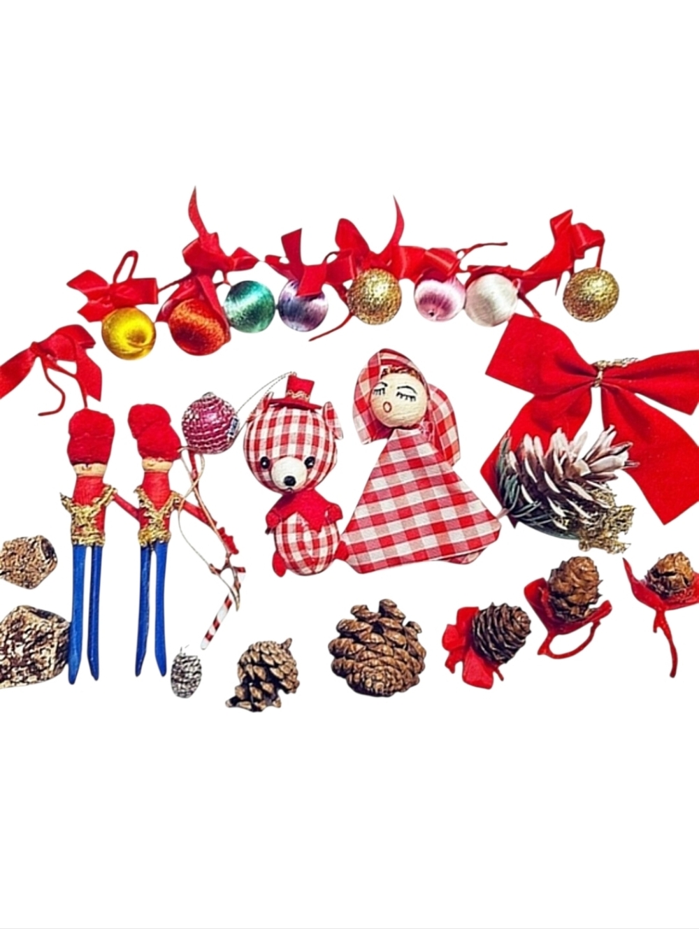 Bundle of Vintage Christmas Ornaments 1970s Small Handmade Toy Soldiers Pinecone